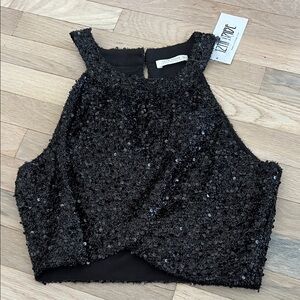 12th Tribe Black Sequin High-Neck Crop Top